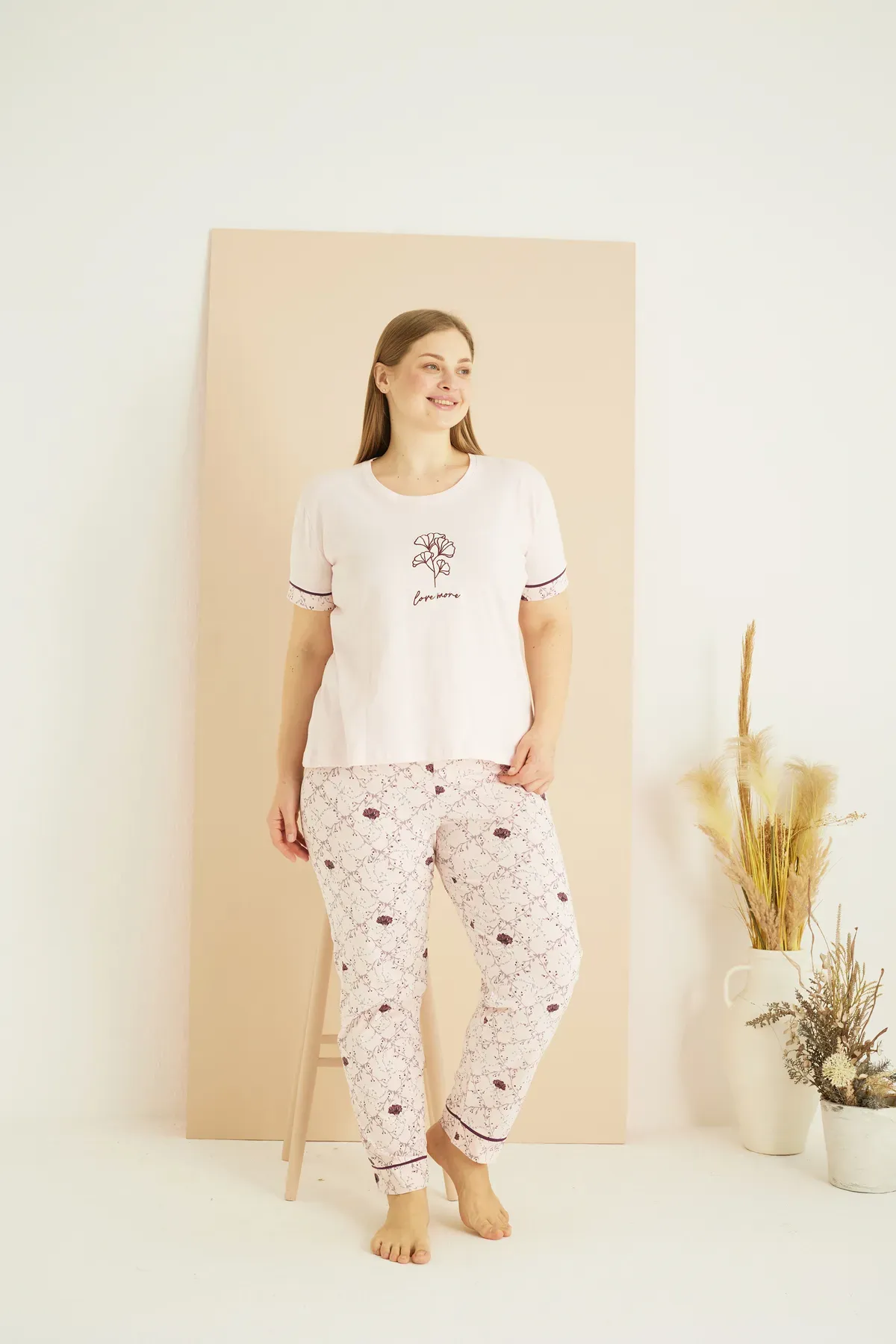 Büyük Beden Açık pembe desenli Curve  Pamuklu Pijama Takım